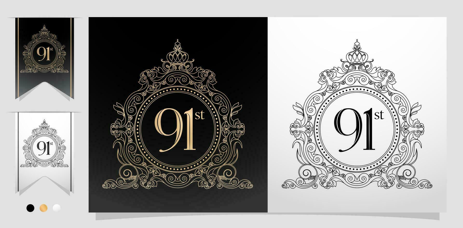 91 con antiguo oro marco con corona líneas modelo, elipse marco elemento con color oro aislado fondo, aplicable para tipografía, bordado, invitación Boda aniversario, saludo tarjeta vector