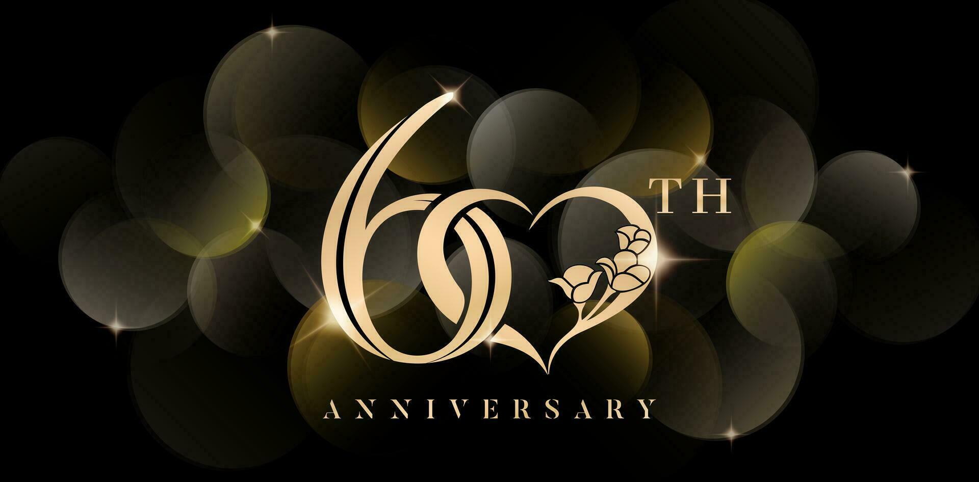 60th anniversary symbol with love or heart and sparkling glitter isolated black backgrounds. applicable for greeting cards, invitation, Wedding anniversary , banner and celebration company or business vector