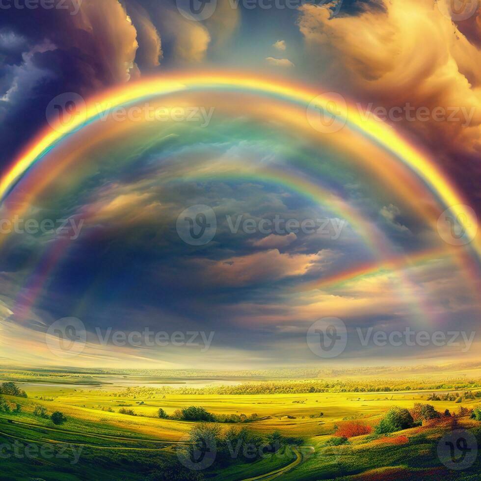 A beautiful rainbow stretches across the sky, adding vibrant hues to the mountains after the rain ,AI Generated photo