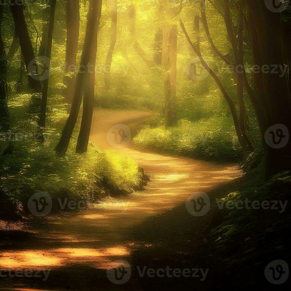 A sunlit trail invites exploration in the enchanting tropical forest ,AI Generated photo