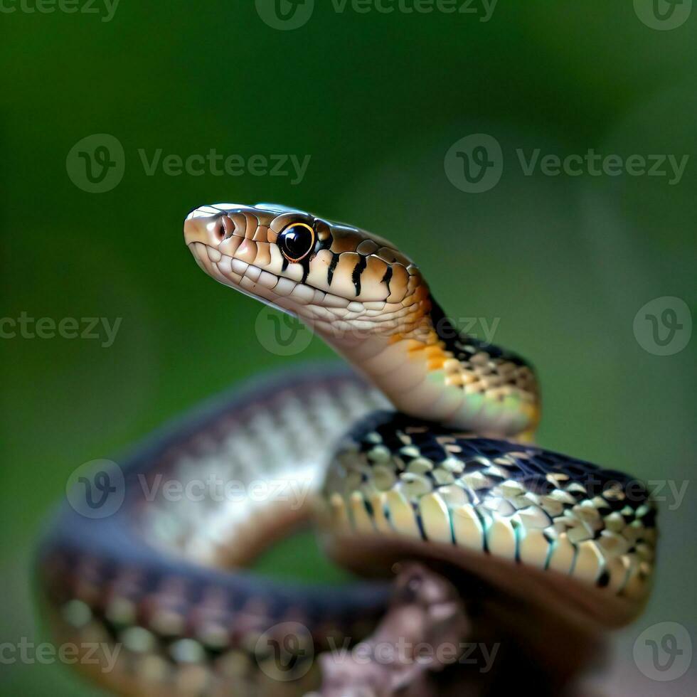 un oriental liga serpiente toma el sol en el sol, exhibiendo sus vibrante rayas y calma comportamiento ,ai generado foto