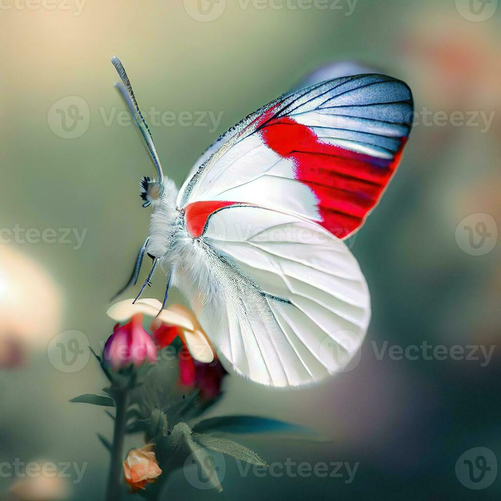 The white and red butterfly brings a burst of color to the serene wildflower. ,AI Generated photo