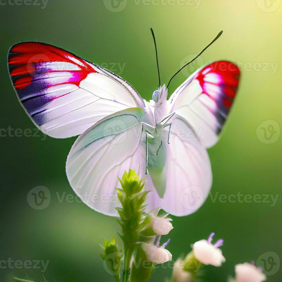 The wildflower becomes a canvas for the striking white and red butterfly ,AI Generated photo
