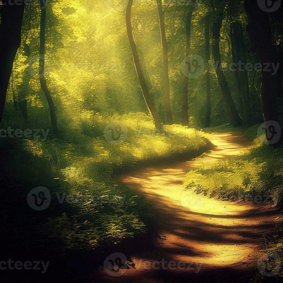 Follow the sunlit path into the heart of the lush and vibrant jungle ,AI Generated photo