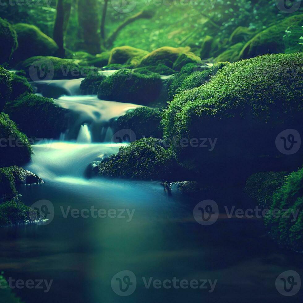 Stream in forest, small river in the forest, tree plant and moss ,AI Generated photo
