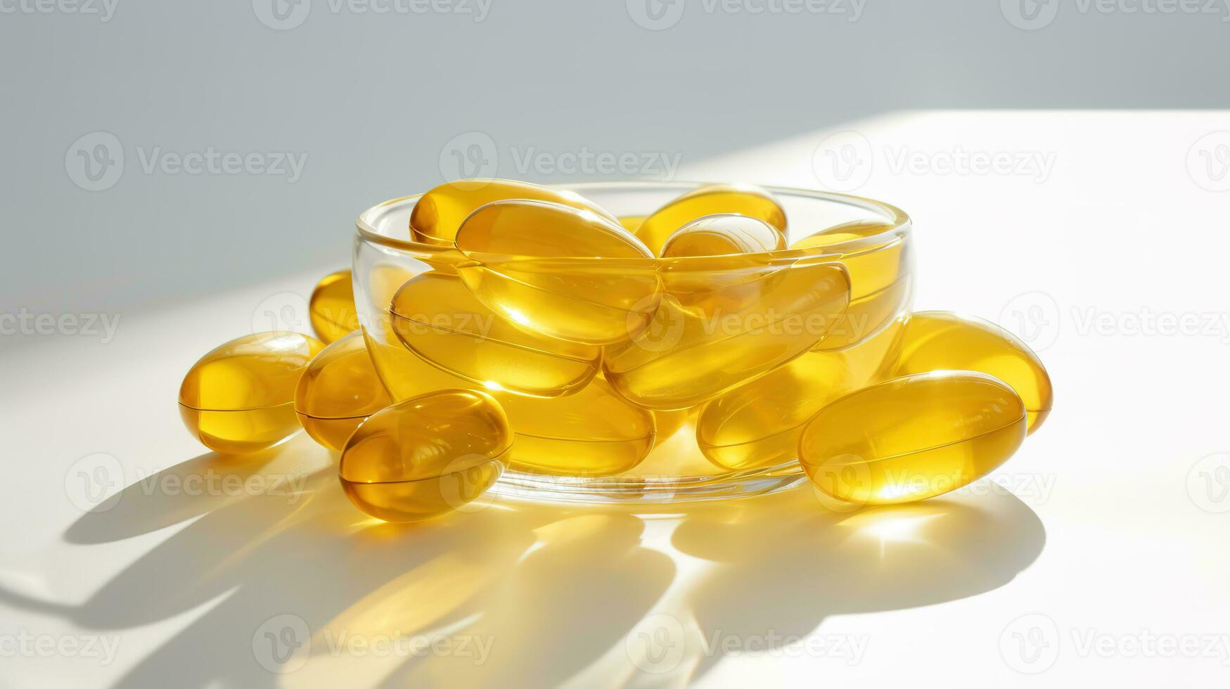 Transparent yellow vitamins on a light background. Vitamin D, omega 3, omega 6, Food supplement oil filled fish oil, vitamin A, vitamin E, flaxseed oil. photo