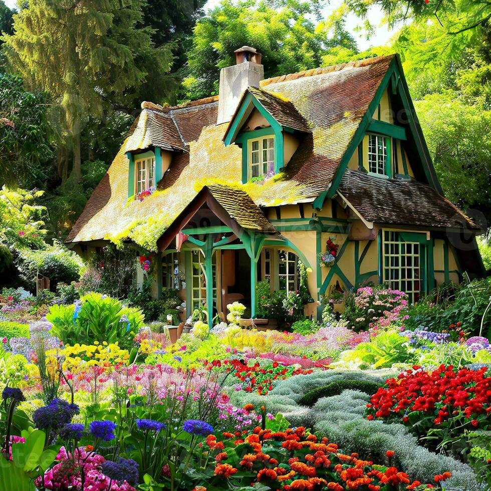 hermosa eco simpático casa, ángel casa con flores natural, naturaleza ,ai generado foto