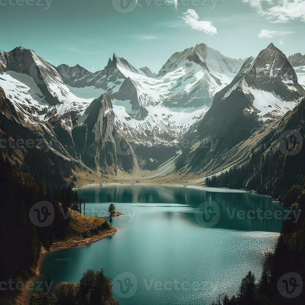 lake Around mountain tree, beautiful valley around mountains ,AI Generated photo