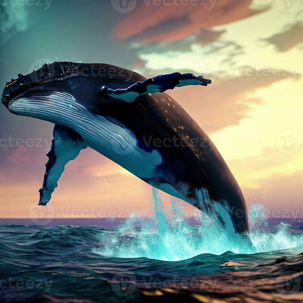 A Humpback Whale Leaps Elegantly Over the Sparkling Water ,AI Generated photo