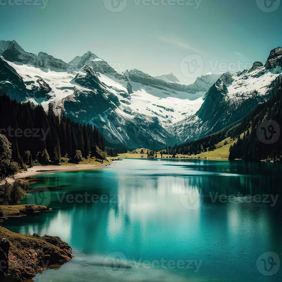 lake Around mountain tree, beautiful valley around mountains ,AI Generated photo