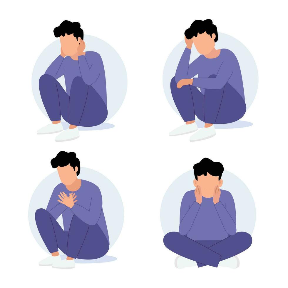 Sad man sitting on the floor.Character with psychological problems isolated on a white background. vector