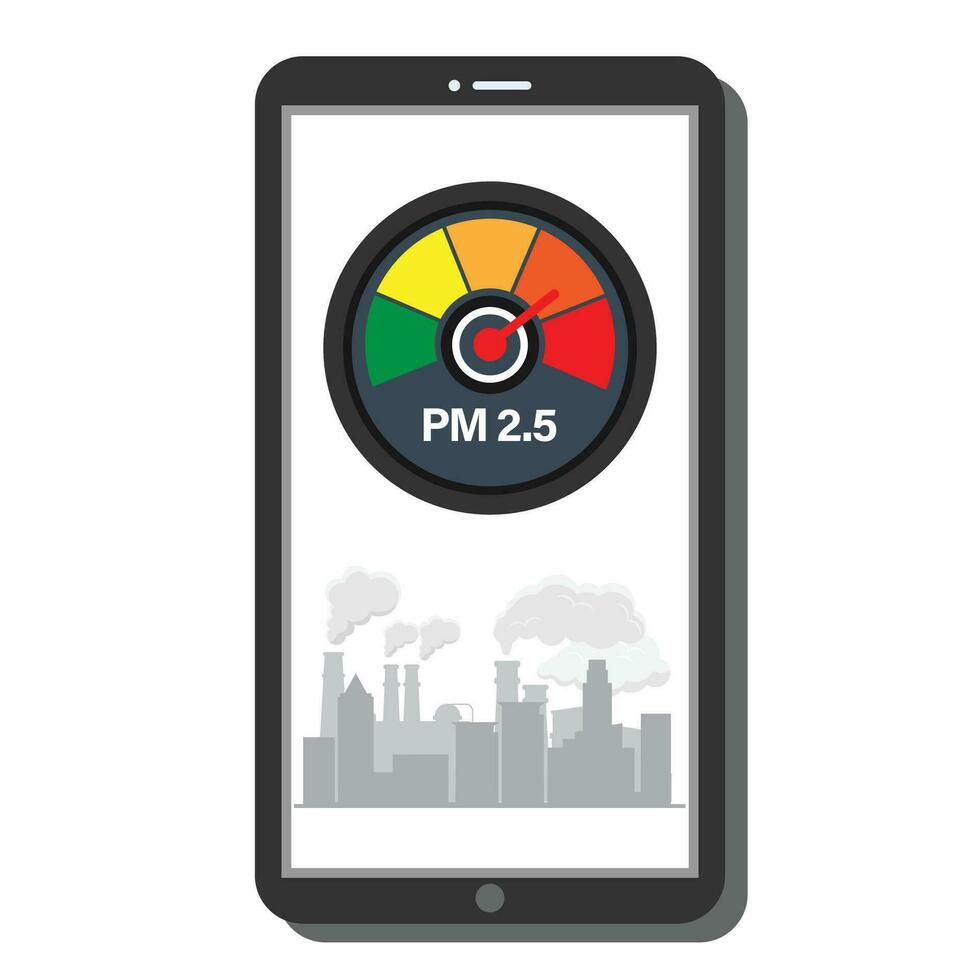 Smartphone with pm2.5 meter checker on the screen. Flat design. Vector illustration.