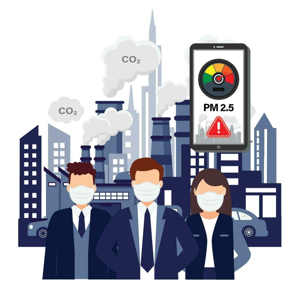 Business people wear face masks to protect smoke, dust and air pollution in city, factory pipes and industrial smog vector illustration.