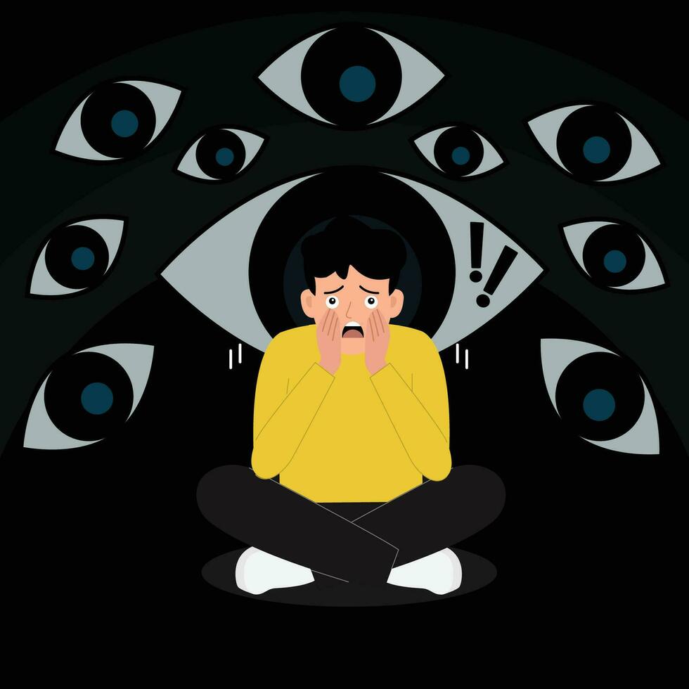 Mental disorder and Phobia. Man sits and imagines his eyes around him. Cartoon flat vector illustration.