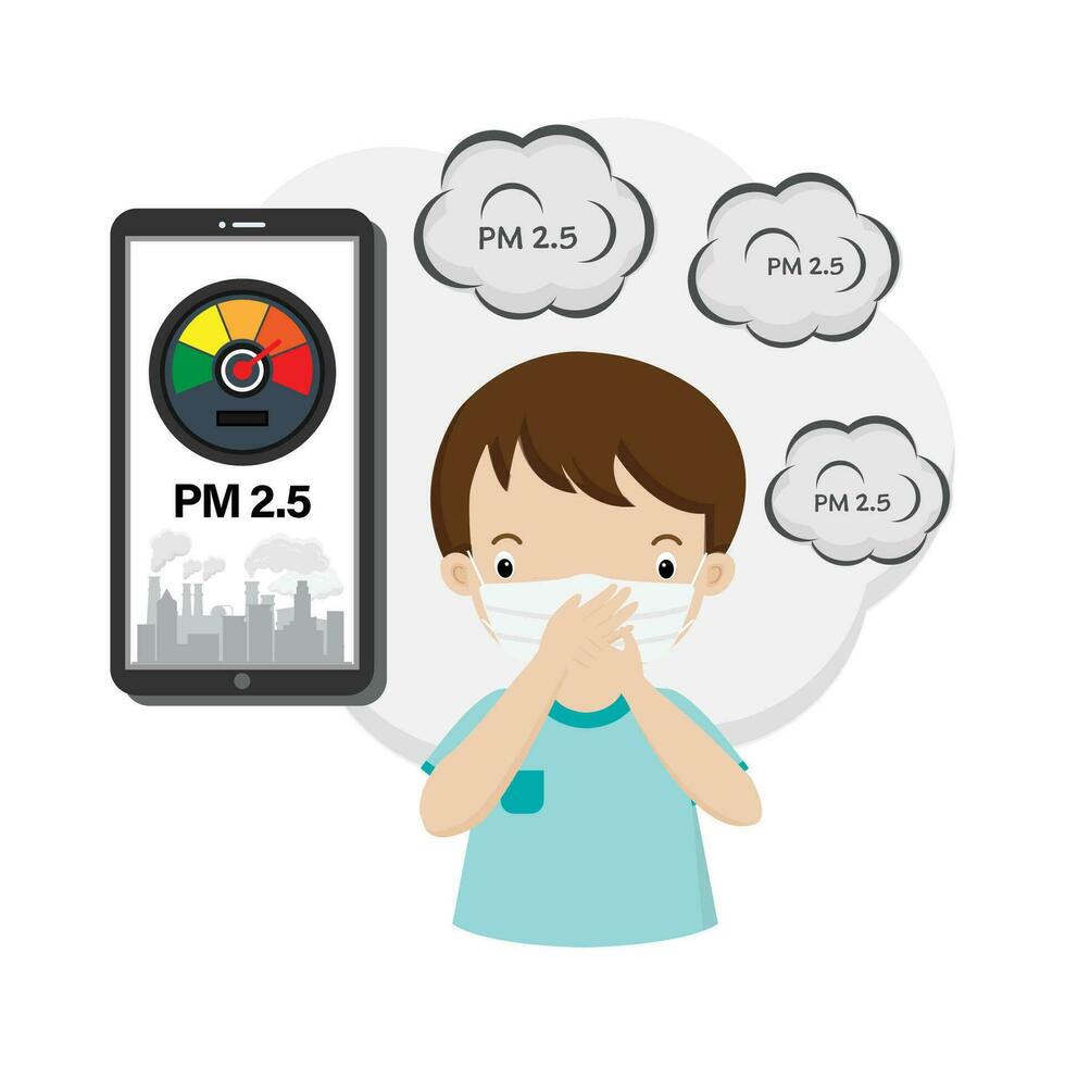 Kids wearing face mask against smog, dust, pm2.5 air pollution in the city  cartoon illustration. vector