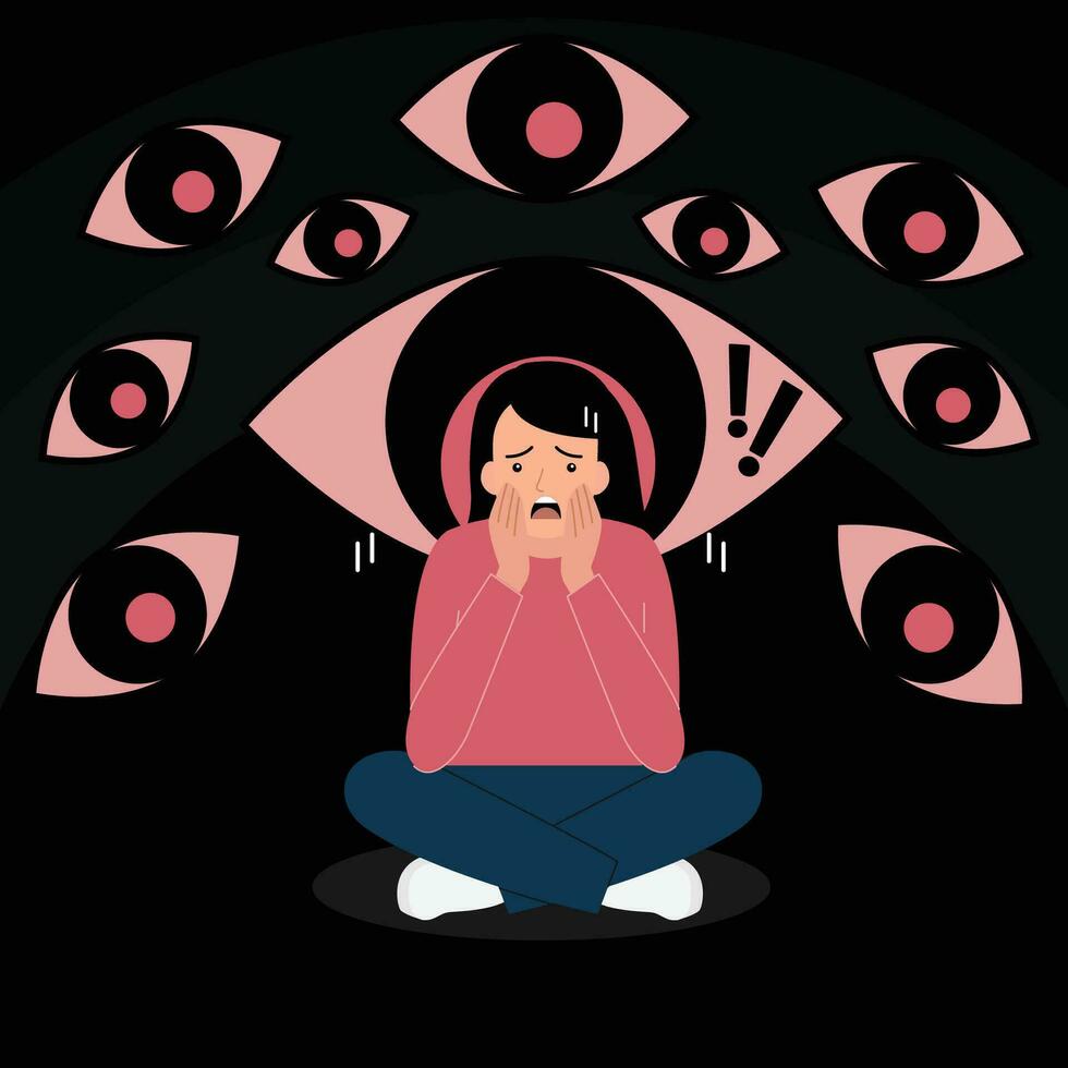 Mental disorder and Phobia. Woman sits and imagines eyes around her. Cartoon flat vector illustration.