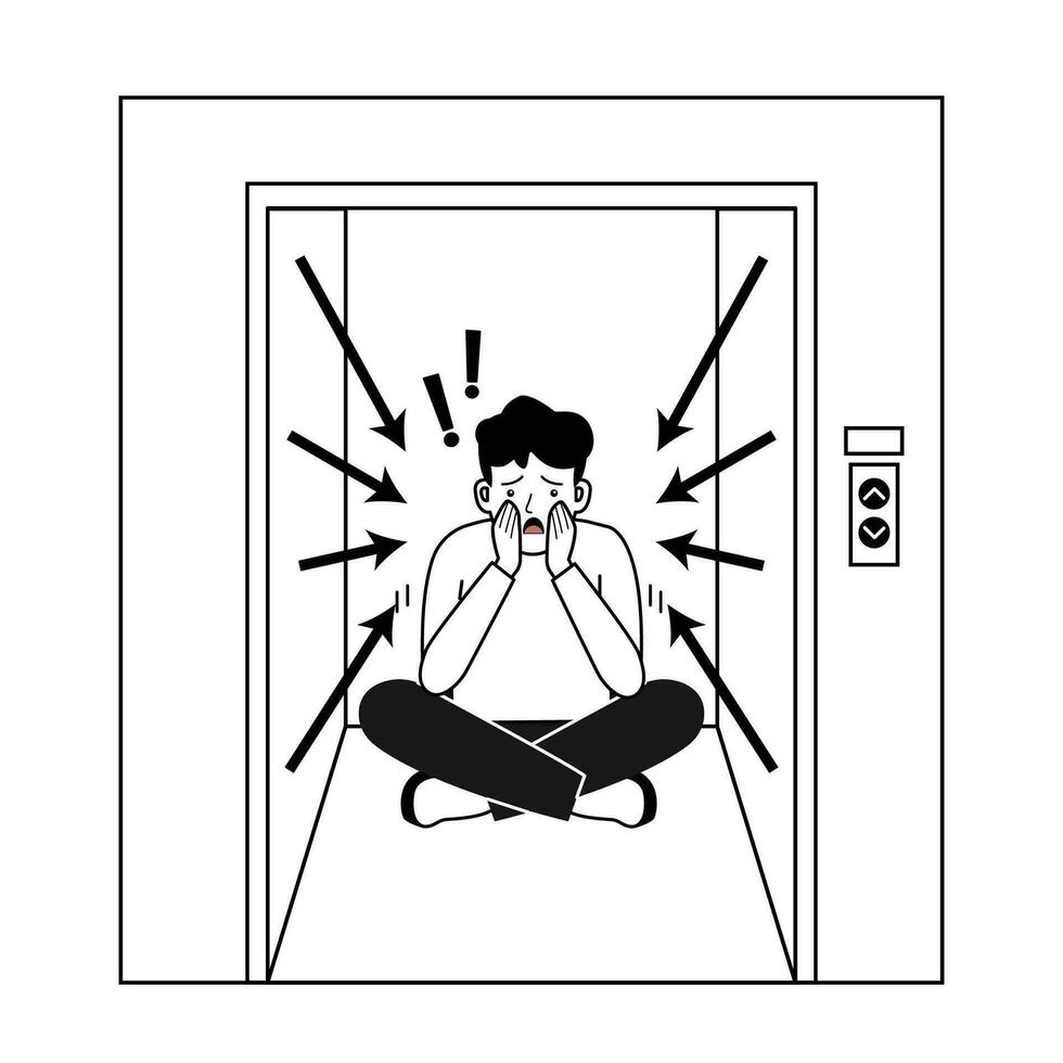 Young man sufering of claustrophobia attack  in elevator. vector illustration