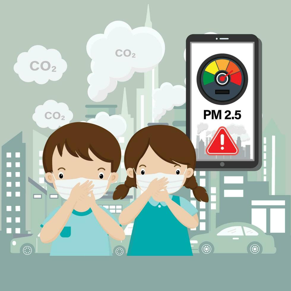 niños vistiendo cara máscara en contra niebla tóxica, polvo, pm2.5 aire contaminación en el ciudad dibujos animados ilustración. vector