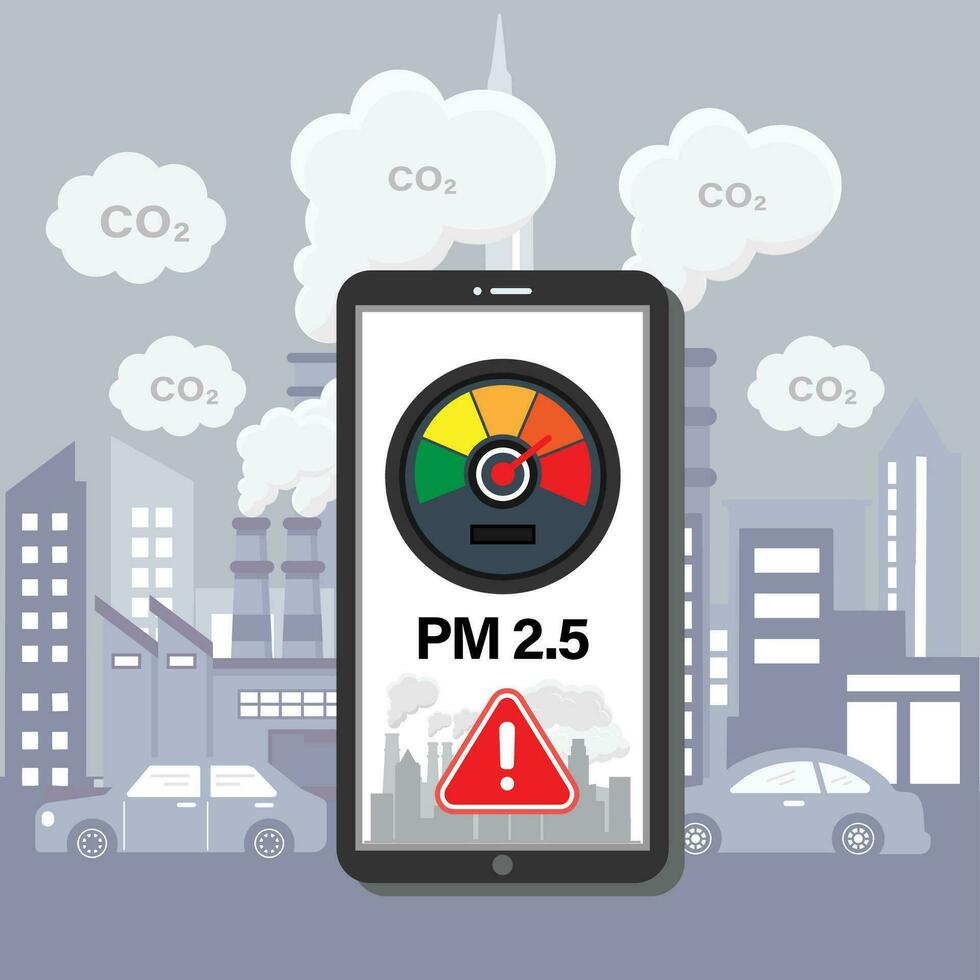 PM2.5 air pollution alert meter on smartphone application in flat design vector illustration.