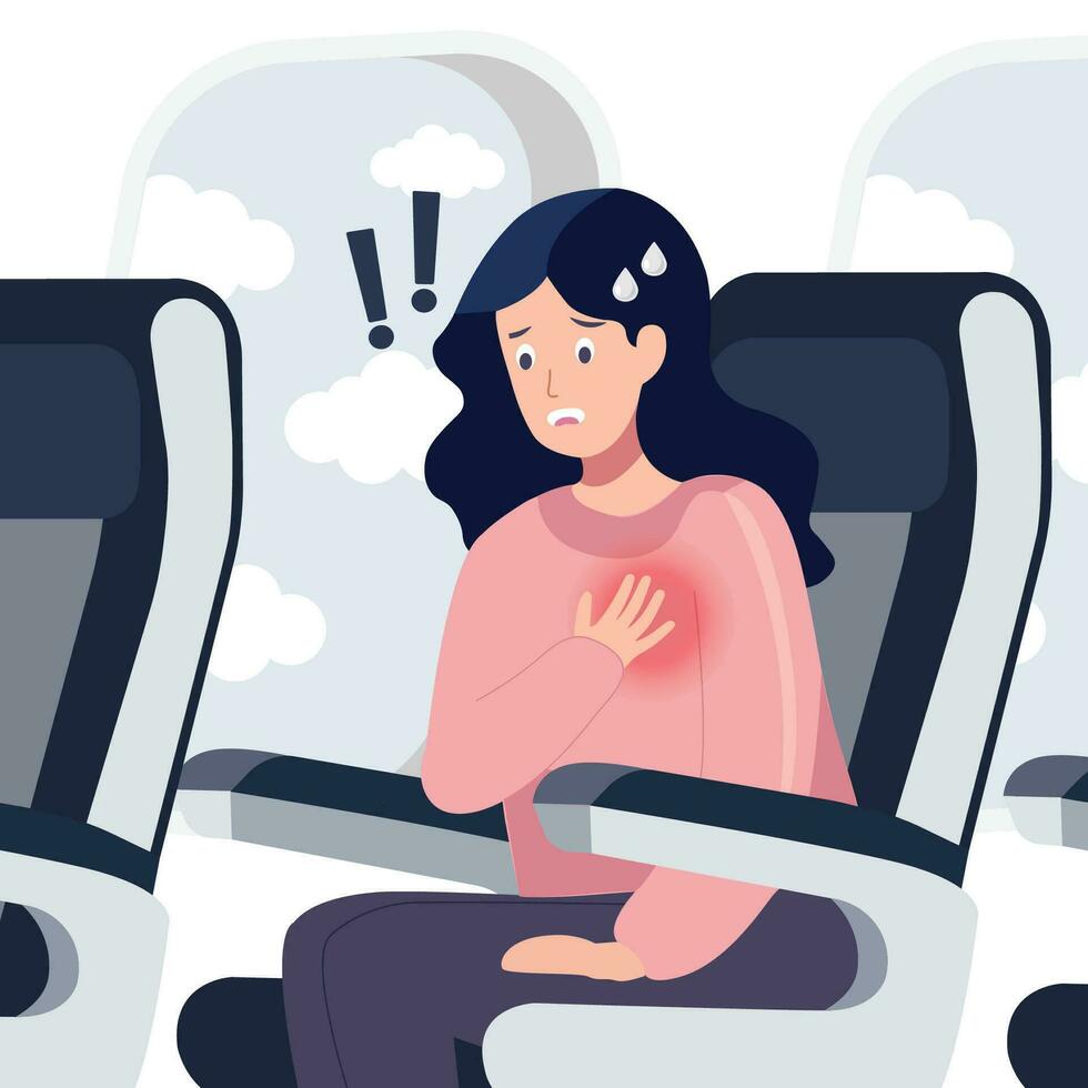 Woman  in the airplane suffering from panic attack, fast heartbeat, sweating and trembling.Vector cartoon illustration. vector