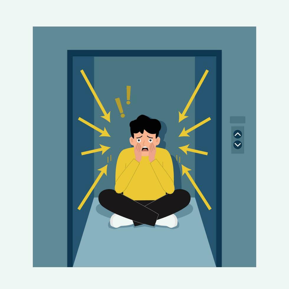 Young man sufering of claustrophobia attack  in elevator. vector illustration