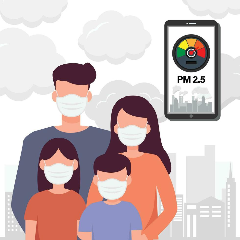 PM2.5 air pollution alert meter on smartphone. People wearing protective face masks protect  smoke on background. vector