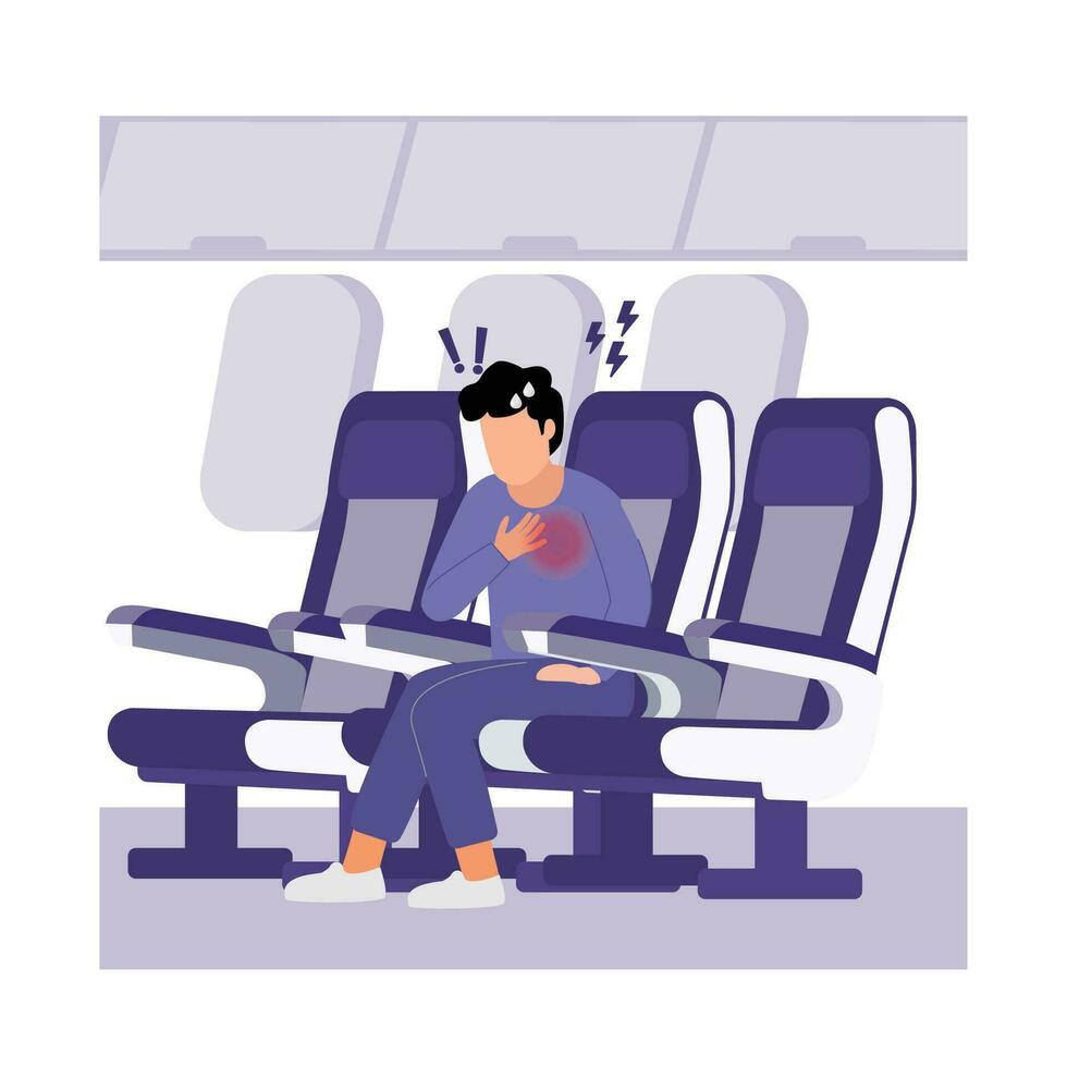 Man passenger sitting in airplane seat and suffering from panic attack. Vector cartoon illustration.