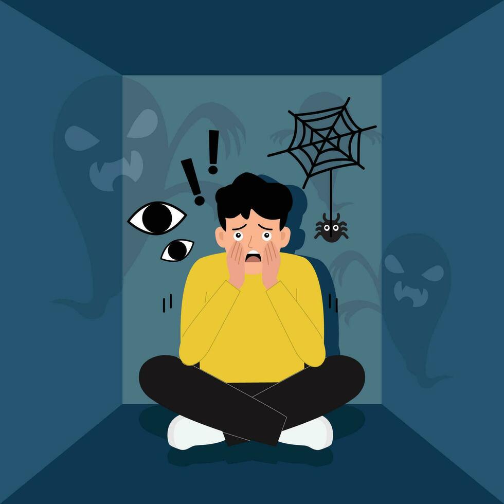 Man suffers from phobias and fears. The psychological concept of mental disorder and paranoia. Vector illustration