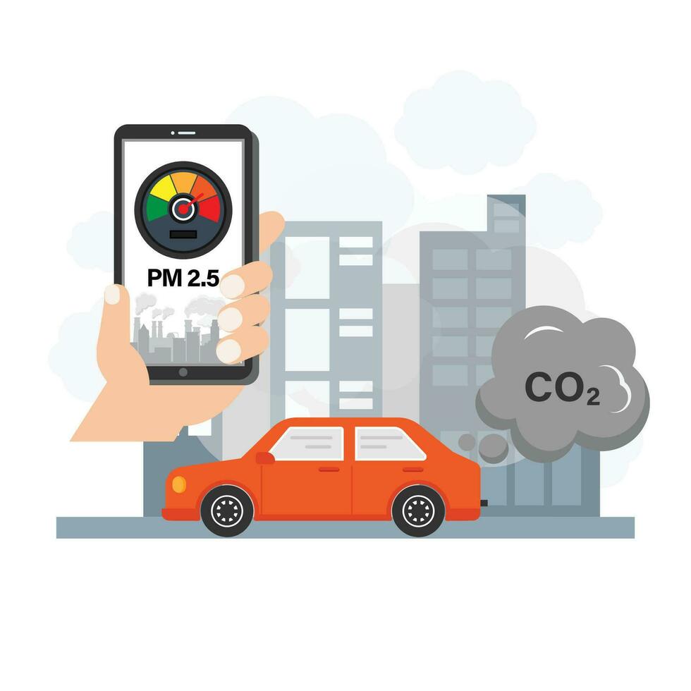 pm2.5 aire contaminación alerta metro en teléfono inteligente solicitud en plano diseño vector ilustración.