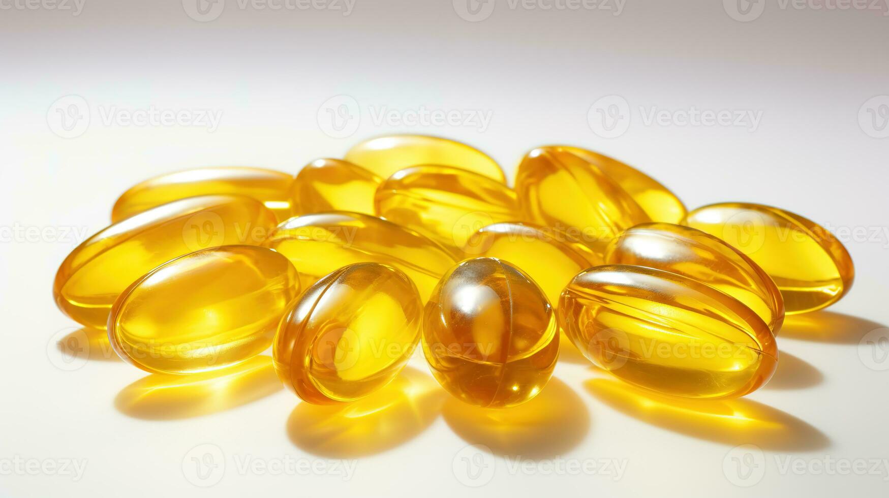 Transparent yellow vitamins on a light background. Vitamin D, omega 3, omega 6, Food supplement oil filled fish oil, vitamin A, vitamin E, flaxseed oil. photo