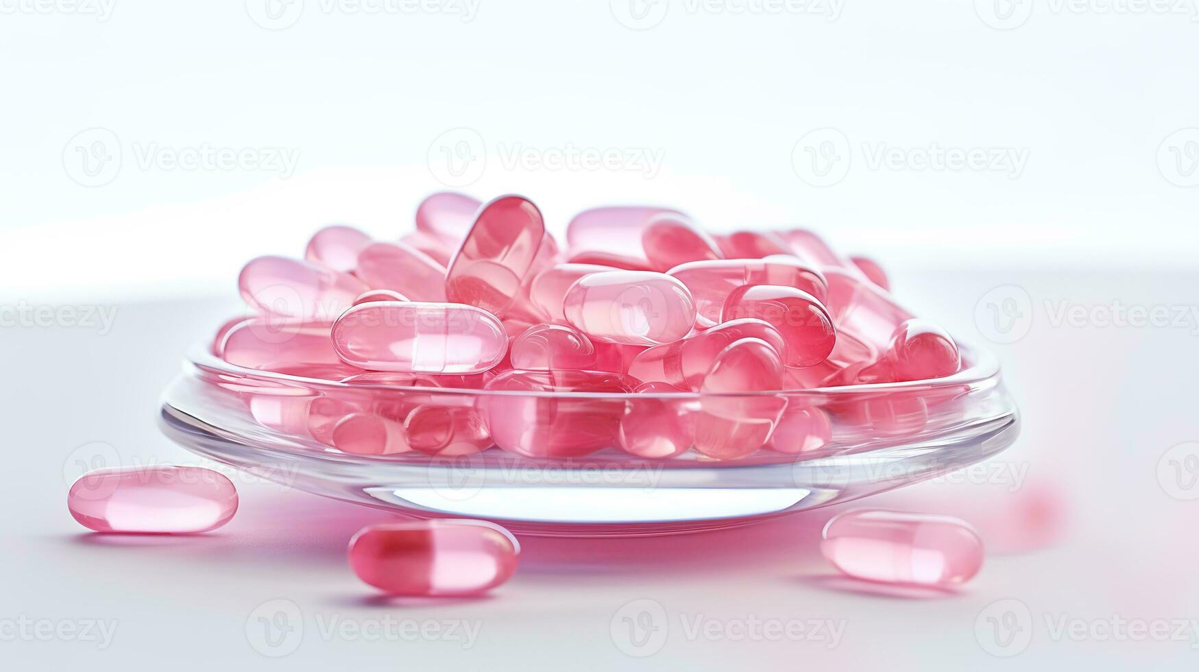 Pink transparent vitamins on a light background photo