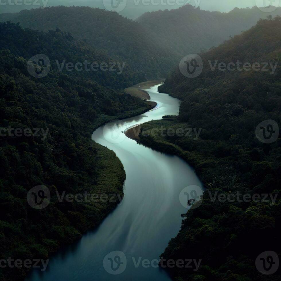 el genial Neel río respira vida dentro el rodeando bosques y montañas ,ai generado foto