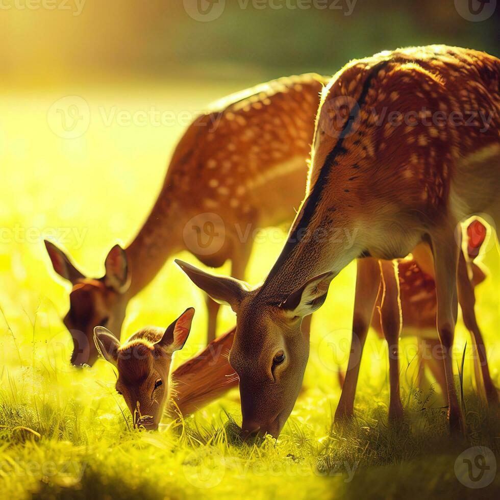 A group of deer enjoys breakfast in the warm embrace of the morning sun ,AI Generated photo