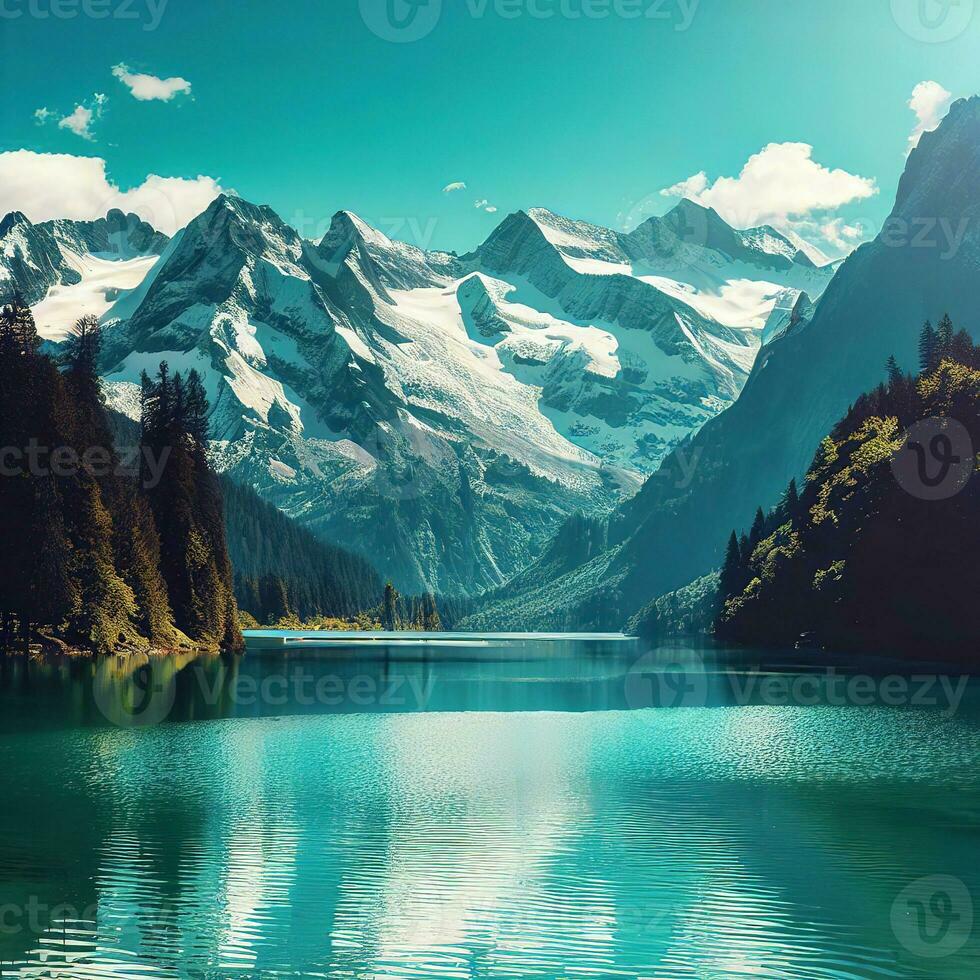 lake Around mountain tree, beautiful valley around mountains ,AI Generated photo