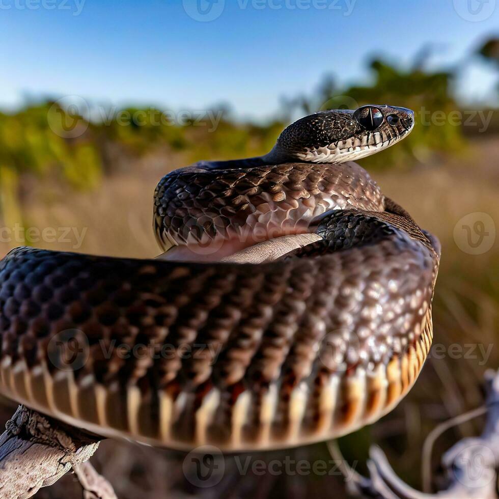 aumentado en el perforación mirada y pulcro escamas de el negro tipo de serpiente venenosa ,ai generado foto