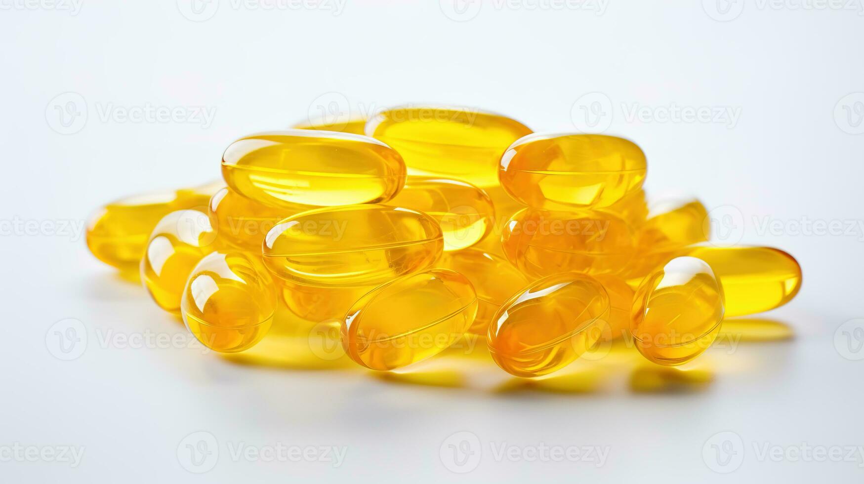 Transparent yellow vitamins on a light background. Vitamin D, omega 3, omega 6, Food supplement oil filled fish oil, vitamin A, vitamin E, flaxseed oil. photo