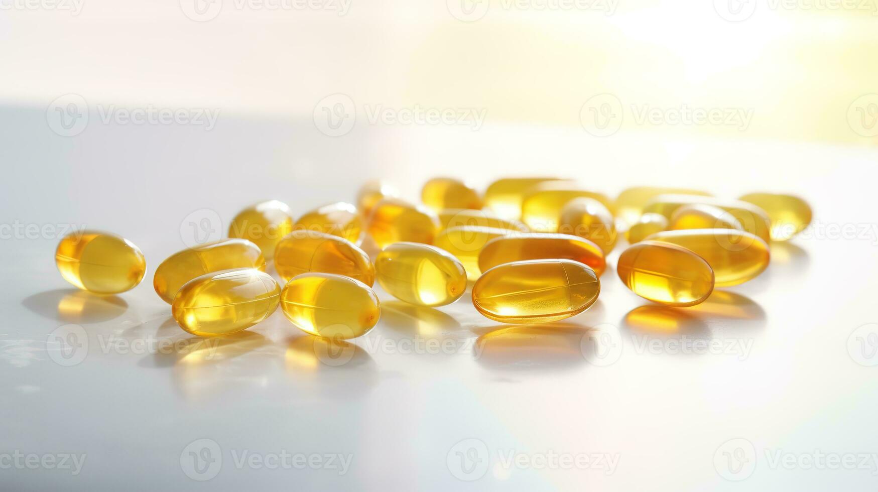 Transparent yellow vitamins on a light background. Vitamin D, omega 3, omega 6, Food supplement oil filled fish oil, vitamin A, vitamin E, flaxseed oil. photo