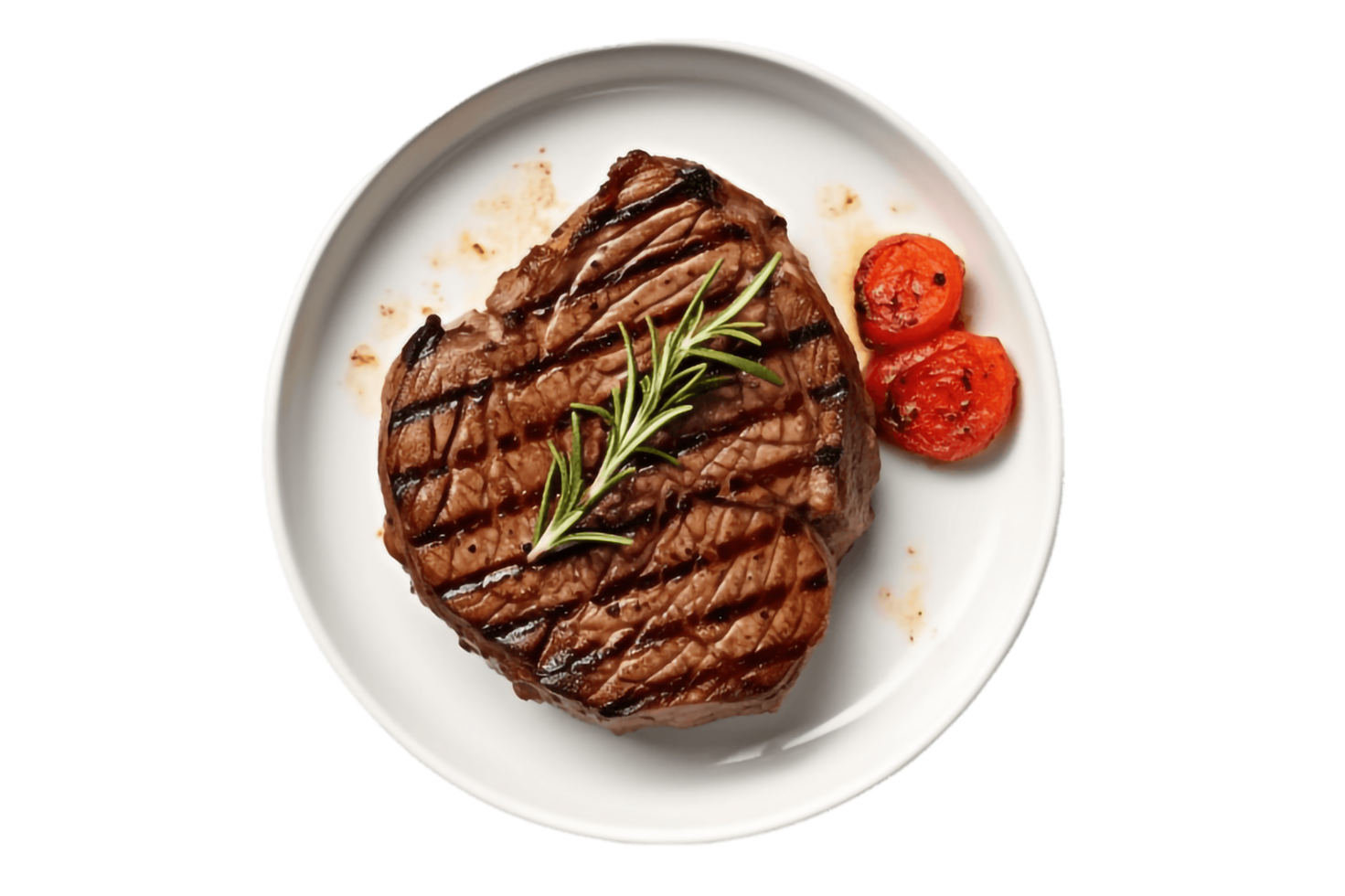 grelhado bife com alecrim e tomates em uma prato, ai generativo png