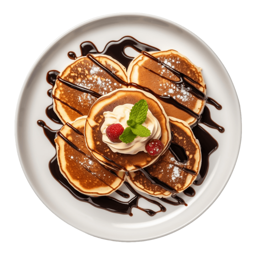 Pancakes con frustato crema e cioccolato salsa su un' bianca piatto, ai generativo png
