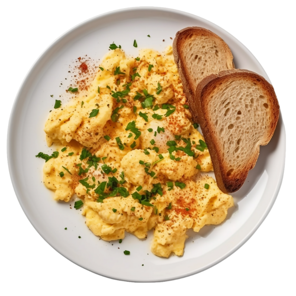 scrambled eggs with bread on a plate,AI Generative png