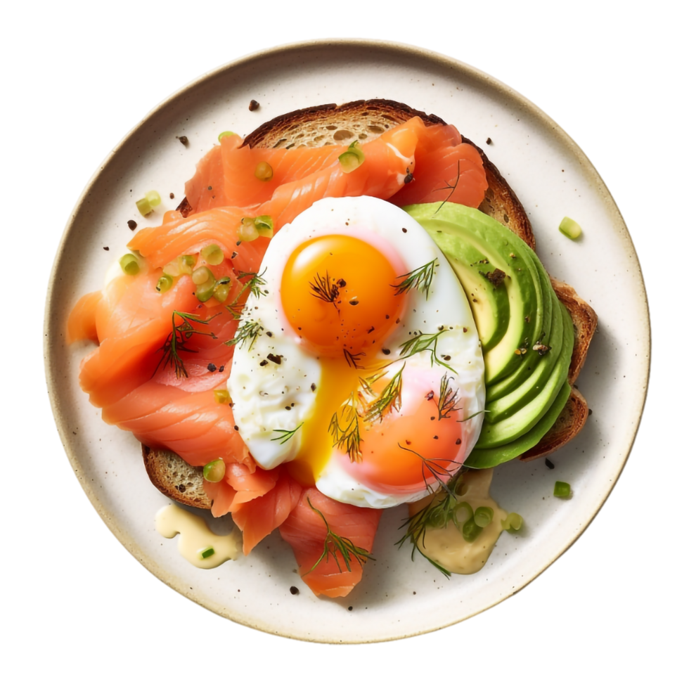 ein Teller mit ein Ei, Lachs und Avocado, ai generativ png