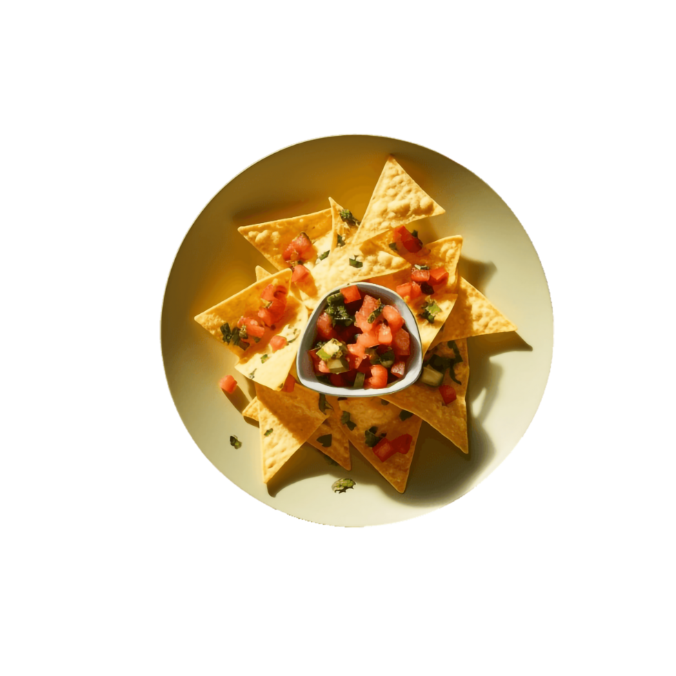 nachos on a plate with a bowl of salsa,AI Generative png