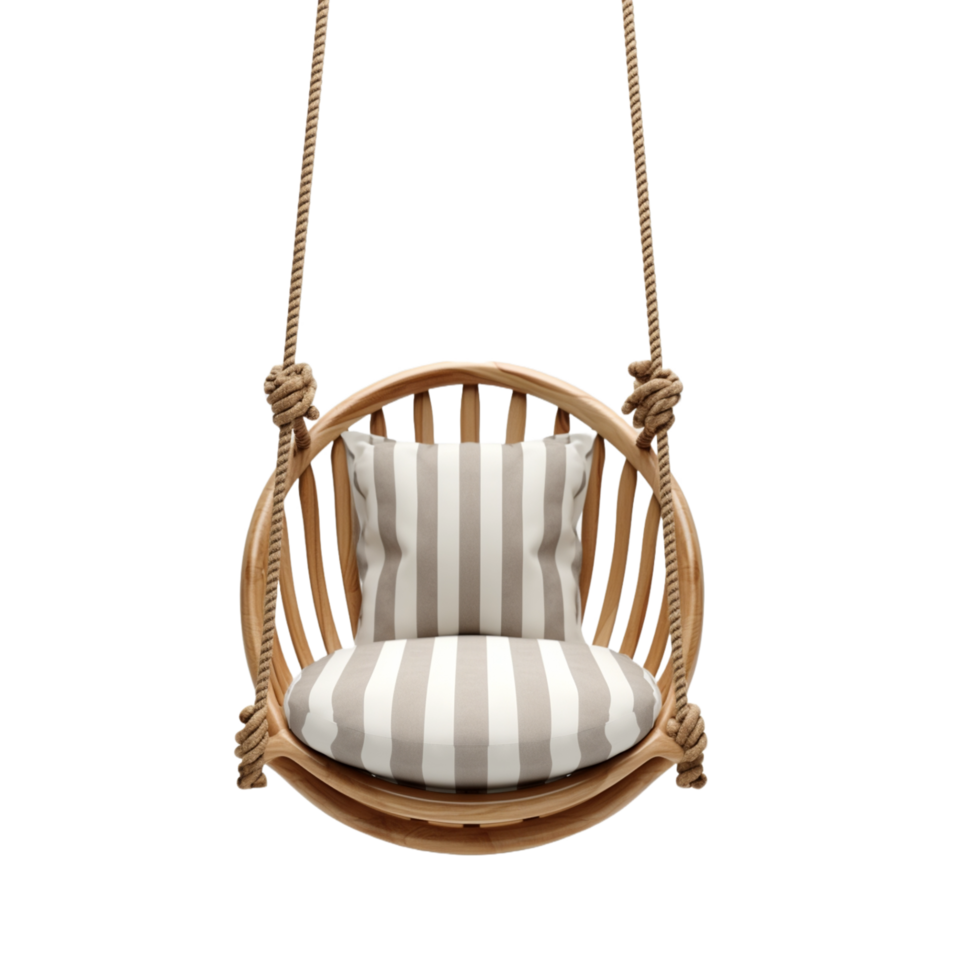 a wooden swing chair with a striped pillow,AI Generative png