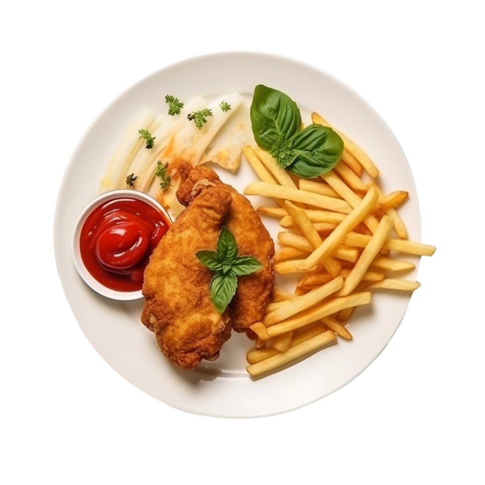 grigliato speziato pollo Ali con ketchup e francese patatine fritte, ai generativo png