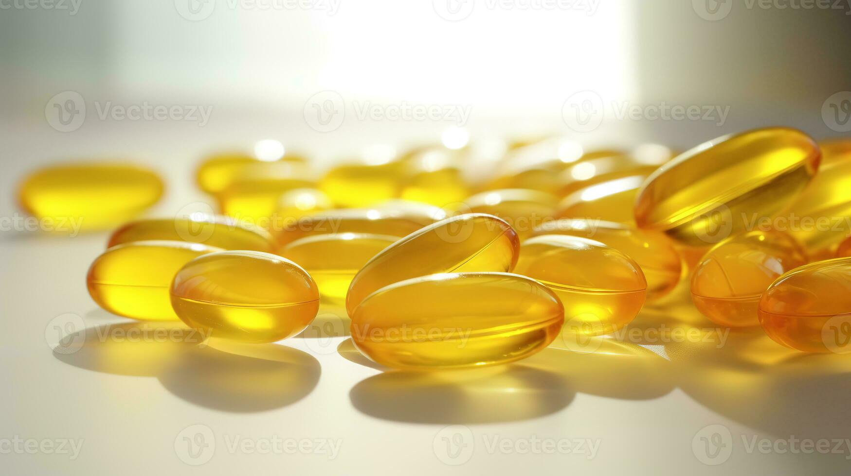 Transparent yellow vitamins on a light background. Vitamin D, omega 3, omega 6, Food supplement oil filled fish oil, vitamin A, vitamin E, flaxseed oil. photo