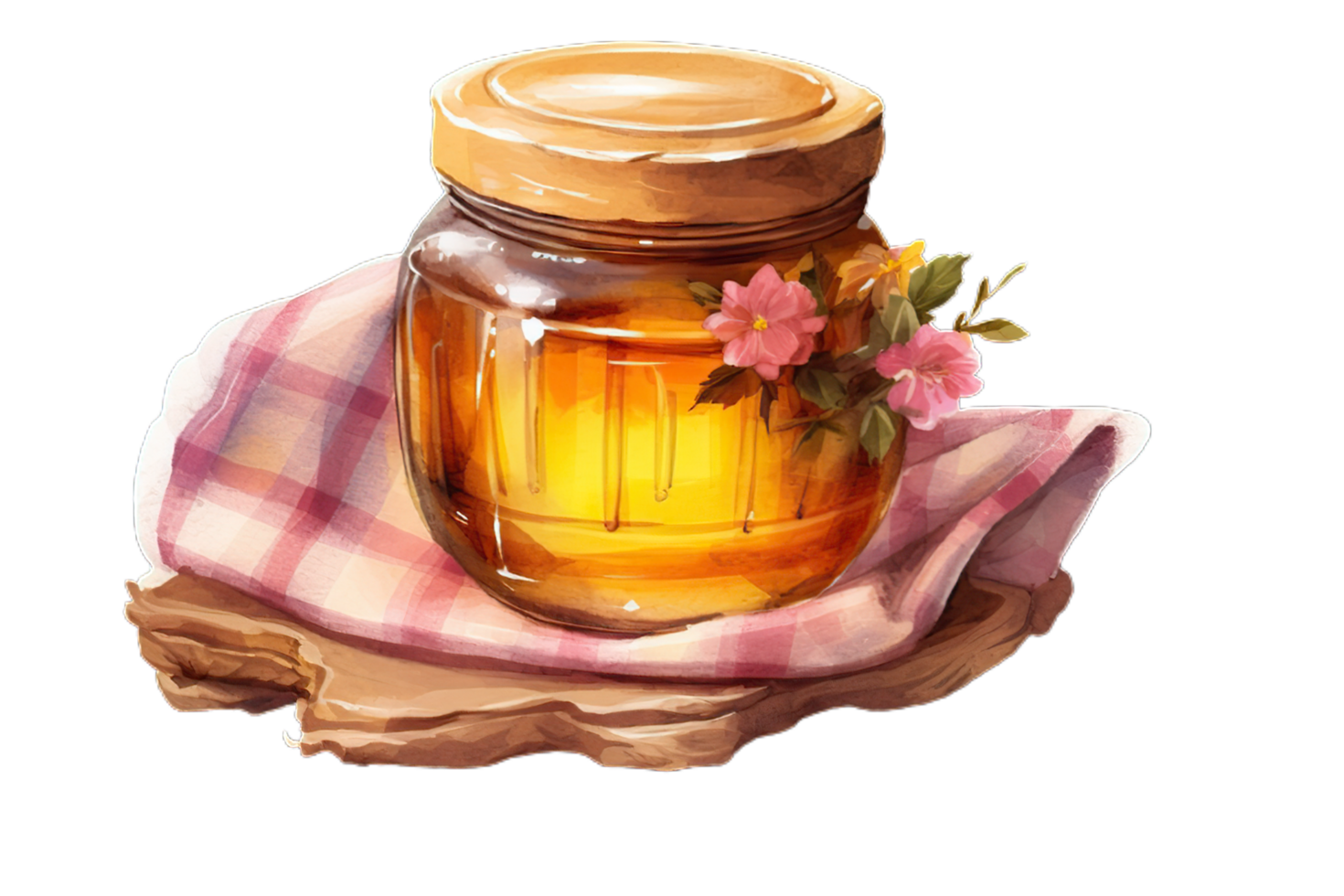 honey jar with flowers on a tablecloth transparent background,AI Generative png