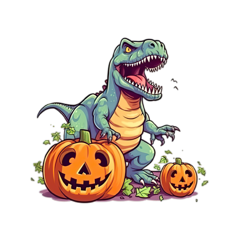 cartoon t - rex dinosaur with pumpkin on transparent background,AI Generative png