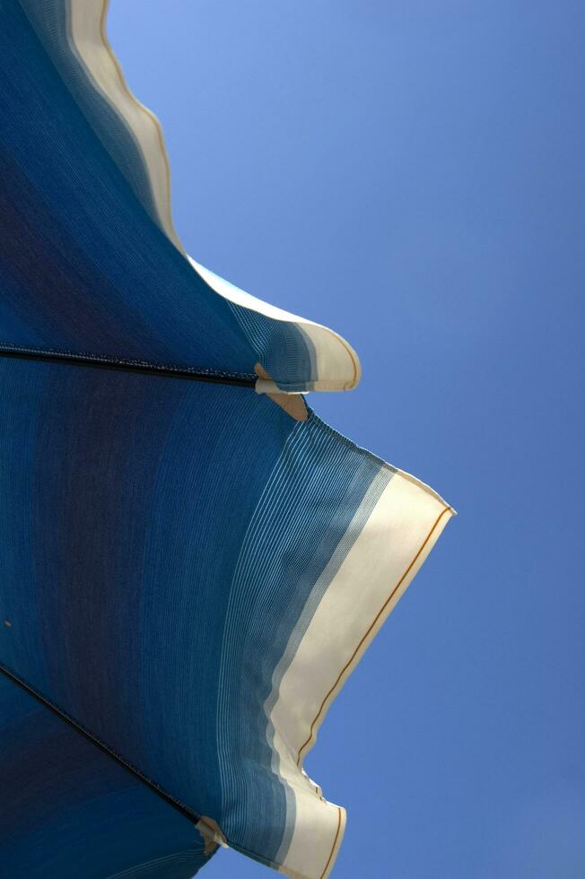 a blue and white striped umbrella photo
