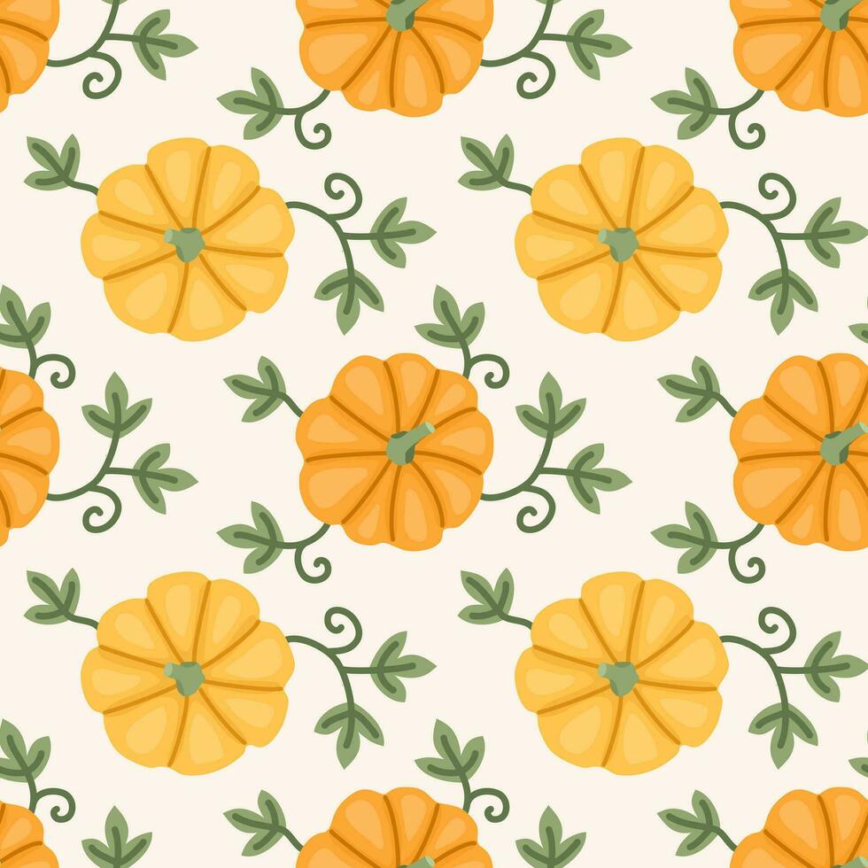 Seamless pattern of orange and yellow pumpkins with leaves top view in flat style. Background for Halloween, harvest, autumn. Vector illustration