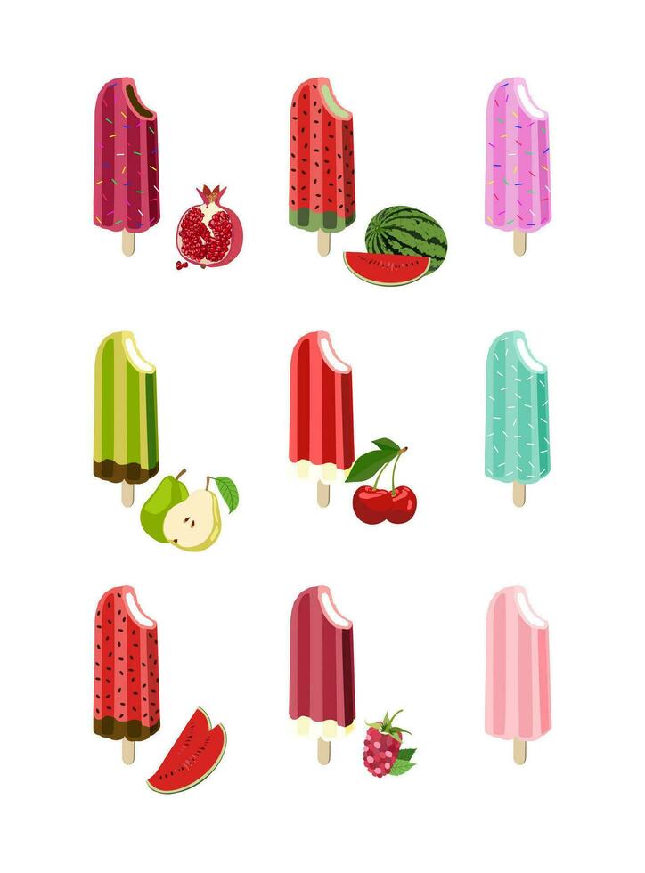 Ice cream desserts set or collection. Frozen and cold. Watermelon, grape, pear, cherry, raspberry, pomegranate flavors vector